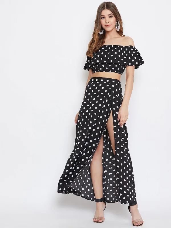 Berrylush Women Black & White Polka Dot Printed Off-Shoulder Co-Ordinate Maxi Dress