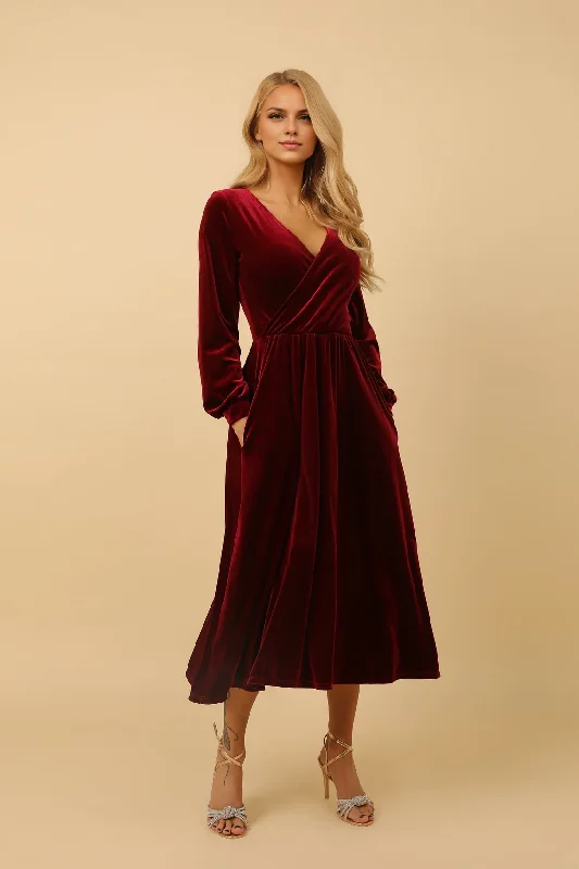 Burgundy Velvet Long Sleeves Winter Midi Dress Evening Dress Wedding Guest Dress Cocktail Dress