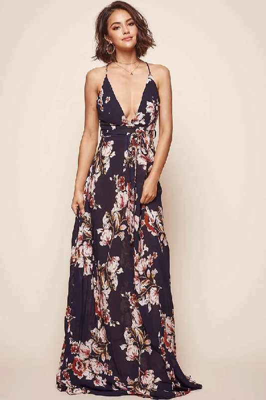 Calabasas Floral Waist Tie Maxi Dress Navy