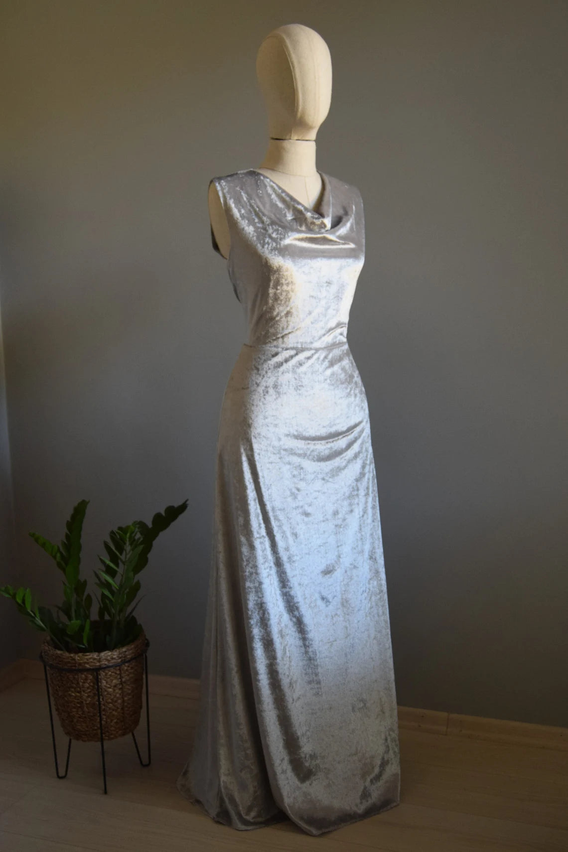 Cowl Neck Silver Crushed Velvet Bridesmaid Dress Maxi Dress Wedding Guest Dress