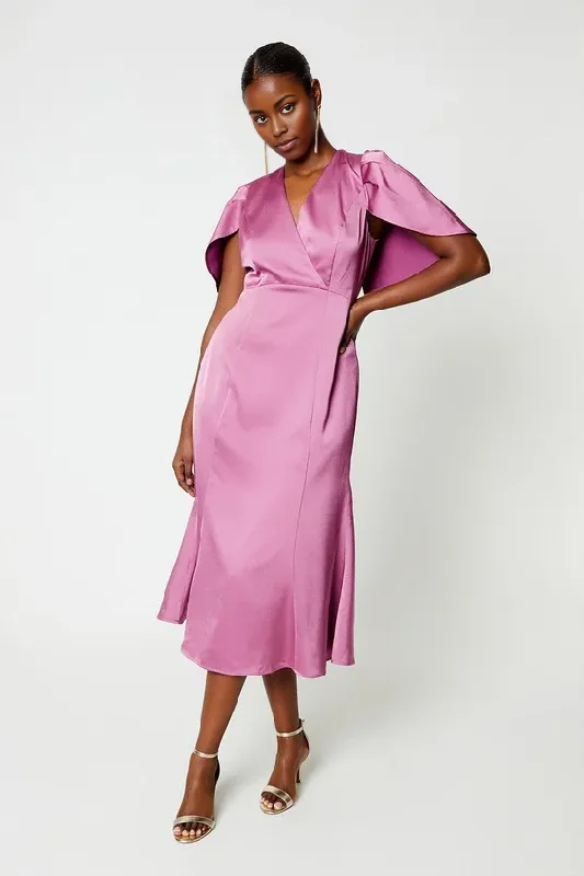 Dark Pink Pleat Satin Detail Cape Sleeve Midi Dress Wedding Guest Dresses