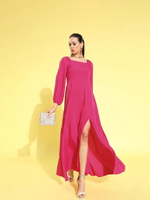 Berrylush Women Solid Dark Pink Square Neck Puff Sleeves Crepe Flared Maxi Dress