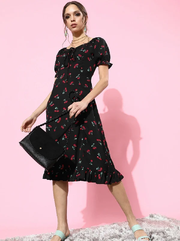 Berrylush Women Black & Red Cherry Printed Sweetheart Neck Crepe Ruffled A-Line Midi Dress