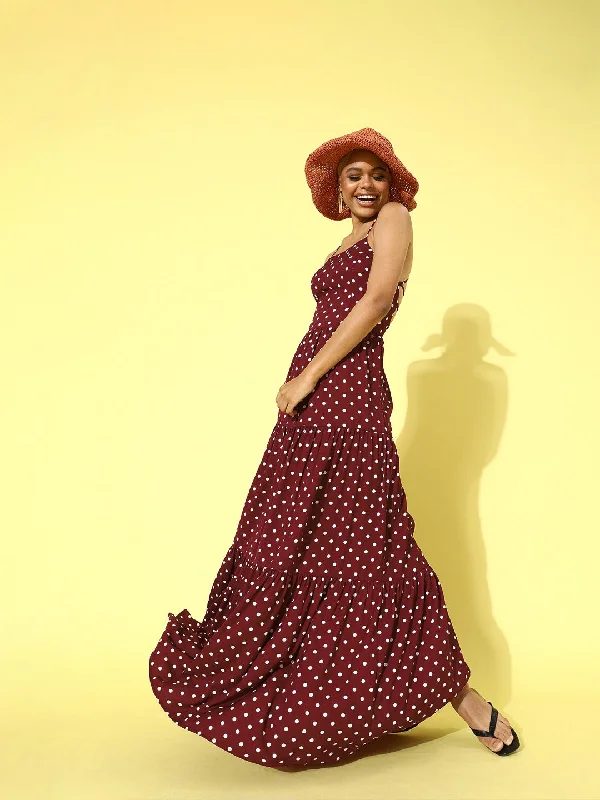 Berrylush Women Maroon Polka Dot Printed Backless Crepe Maxi Dress