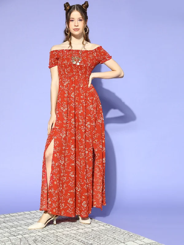 Berrylush Women Red & White Floral Printed Off-Shoulder Neck Thigh-High Slit Crepe Smocked Maxi Dress