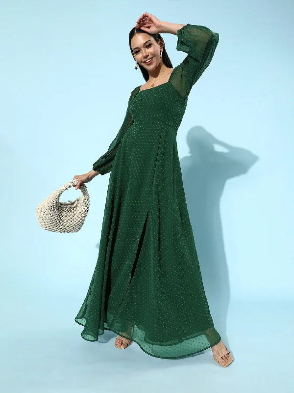 Berrylush Women Green Self-Design Pattern Square-Neck Maxi Dress