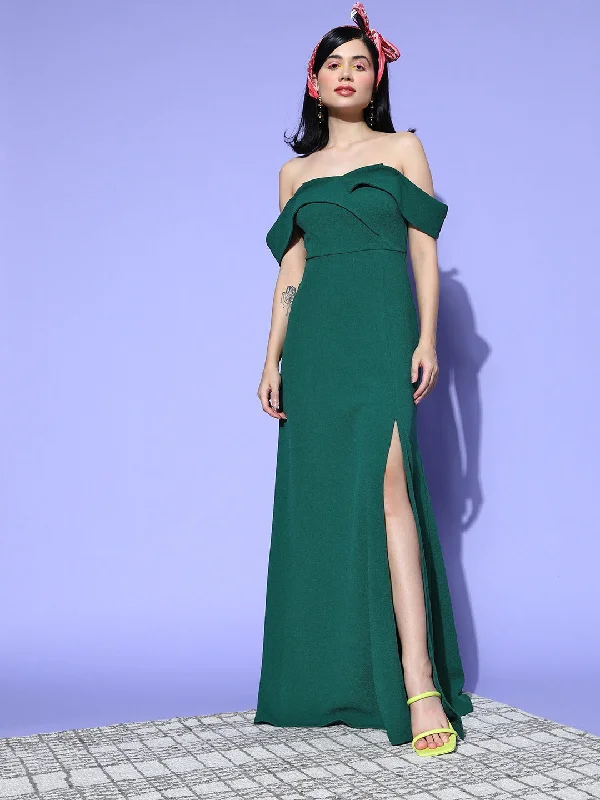 Berrylush Women Solid Green Off-Shoulder Neck Crepe Thigh-High Slit Flared A-Line Maxi Dress