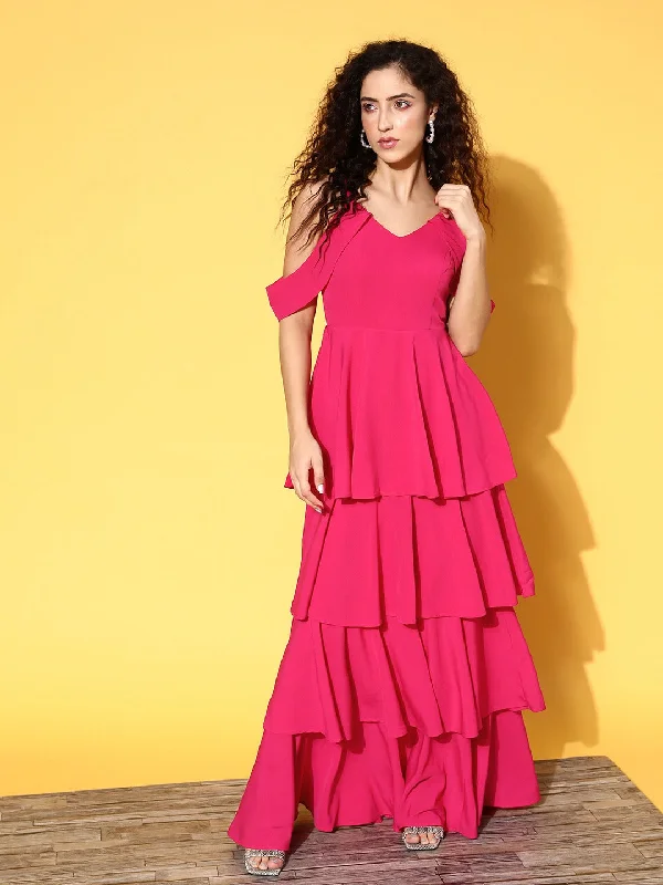 Berrylush Women Solid Pink V-Neck Cold-Shoulder Flounce Hem Layered A-Line Maxi Dress