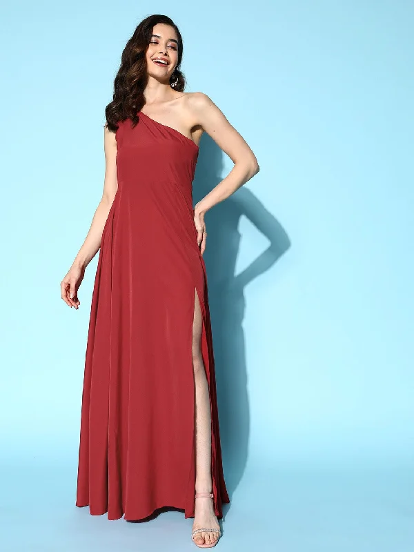 Berrylush Women Solid Red One-Shoulder Neck Thigh-High Slit Flared Maxi Dress