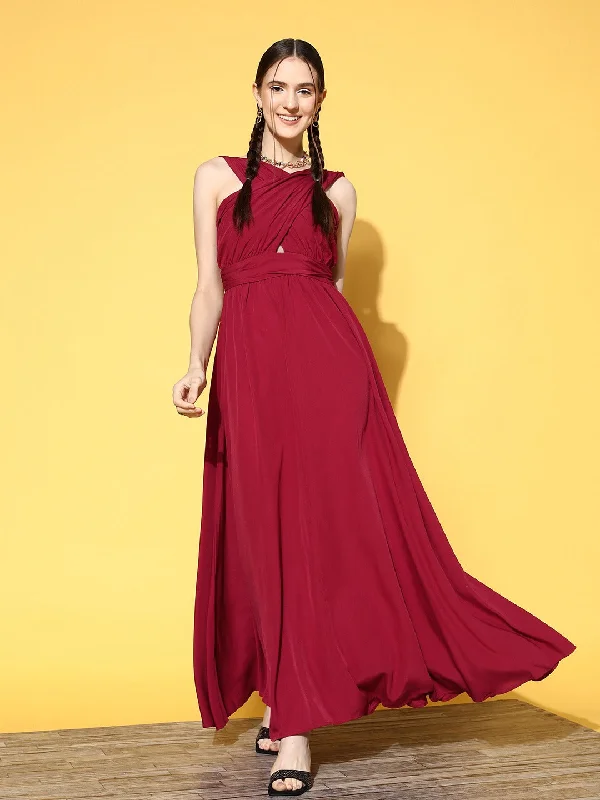 Berrylush Women Solid Red V-Neck Criss-Cross Front Crepe Flared A-Line Maxi Dress