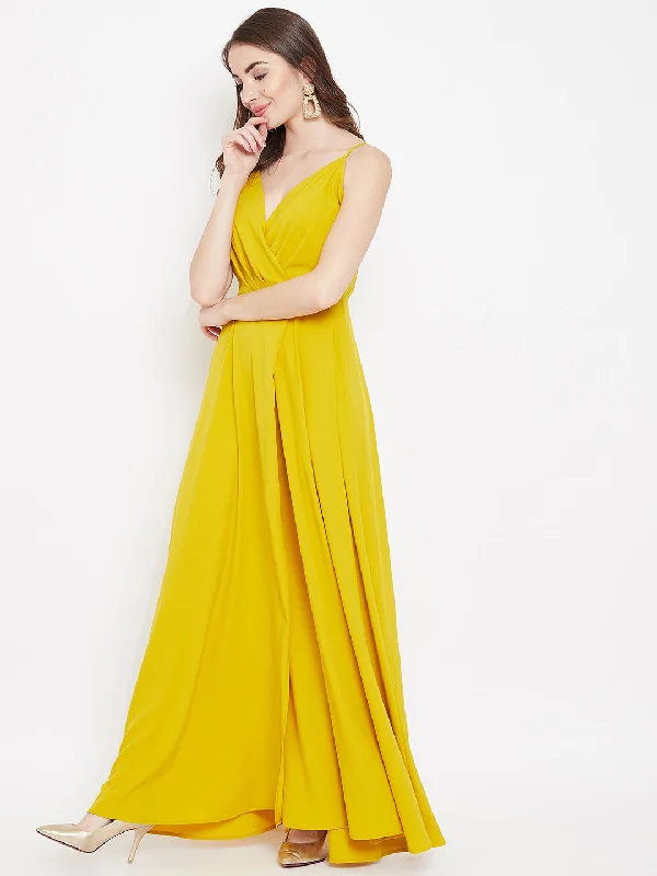 Berrylush Women Solid Yellow V-Neck Sleeveless Crepe Thigh-High Slit A-Line Maxi Dress