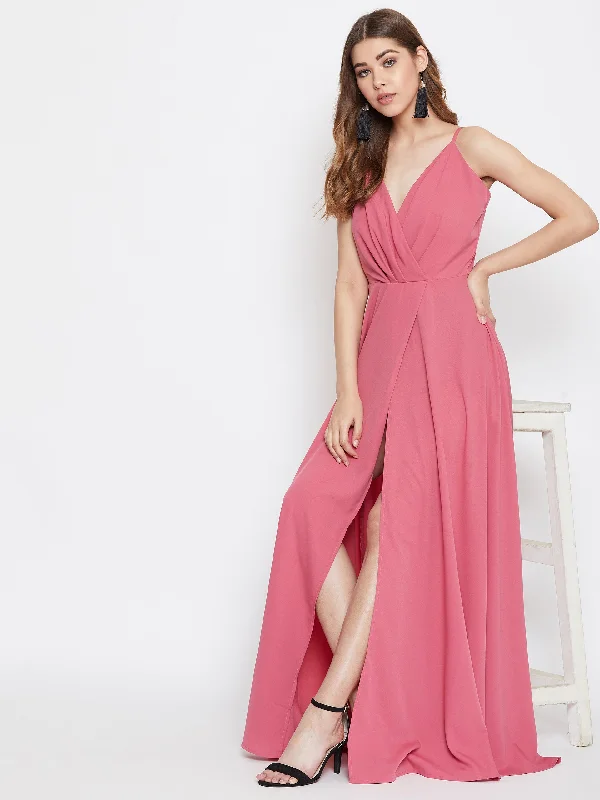 Berrylush Women Solid Pink V-Neck Sleeveless Thigh-High Slit Flared Maxi Dress