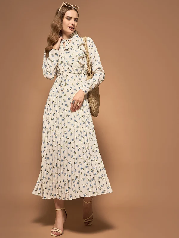 Berrylush Women White & Blue Floral Printed Tie-Up Neck Front Ruffles Pleated A-Line Maxi Dress