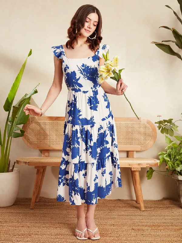 Berrylush Women White & Blue Floral Printed Square Neck Cutout Tie-Up Back Crepe Pleated A-Line Maxi Dress