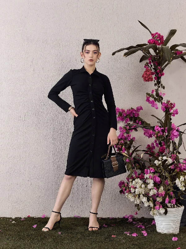 Berrylush Women Solid Black Collar Neck Long Sleeves Front Button-Up Straight Hem Knitted Bodycon Midi Dress