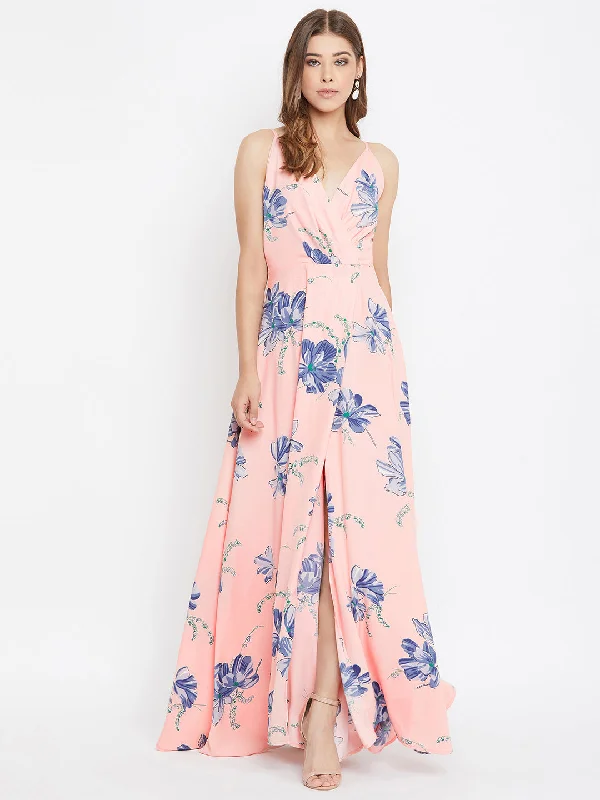 Berrylush Women Pink & Blue Floral Printed V-Neck Flared Maxi Dress