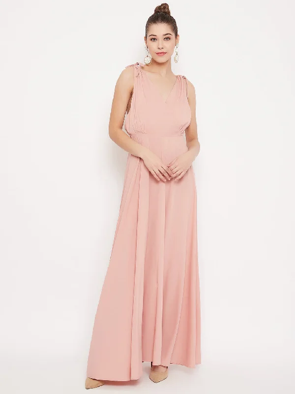 Berrylush Women Solid Pink V-Neck Tie-Up Strap Low Back Flared Maxi Dress