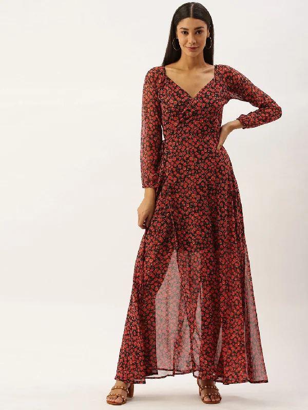 Berrylush Women Black & Red Floral Print V-Neck Maxi Dress