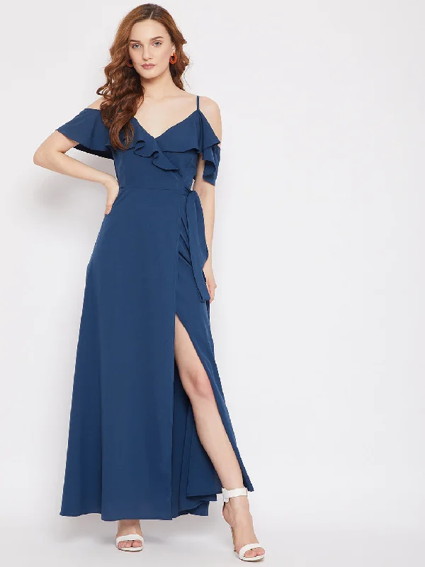 Berrylush Women Solid Blue V-Neck Cold-Shoulder Thigh-High Slit Ruffled Maxi Dress