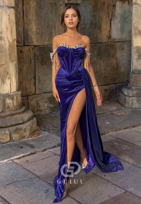 Sheath Off Shoulder Sleeveless Pleated Beaded Long Prom Dress with High Side Slit and Train