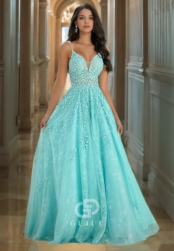 Sexy Plunging Illusion Prom Dress with Spaghetti Straps and Lace Appliqued Spa Party Dress