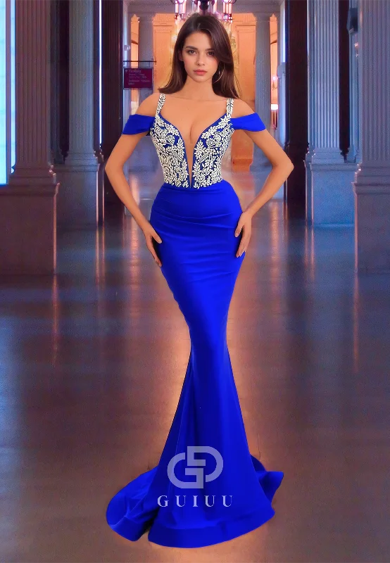 Royal Blue Sheath Off-Shoulder Prom Dress Plunging Illusion Evening Dress with Lace Appliques