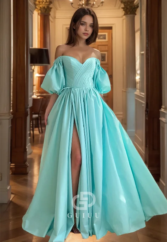 A Line Off Shouder Half Sleeves Satin Pleats Long Prom Dress with Slit