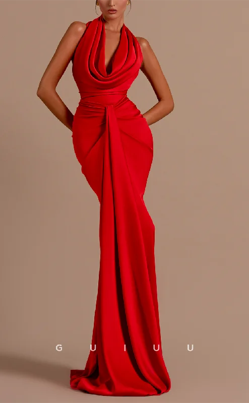 G3634 - Timeless Sheath Halter Draped Floor-Length Formal Party Gown Prom Dress with Overlay