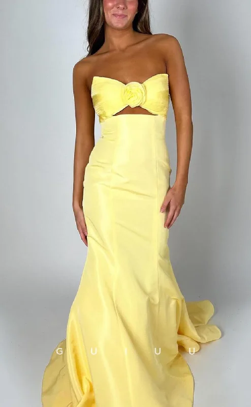 G3667 - Chic & Modern Trumpet Strapless Cut-outs Floral Embossed Draped Floor-Length Party Gown Prom Dress