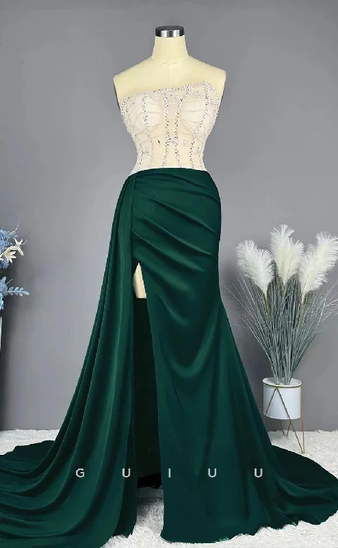 G3683 - Classic & Timeless Mermaid Asymmetrical Beaded and Draped Prom Dress with High Side Slit and Overlay