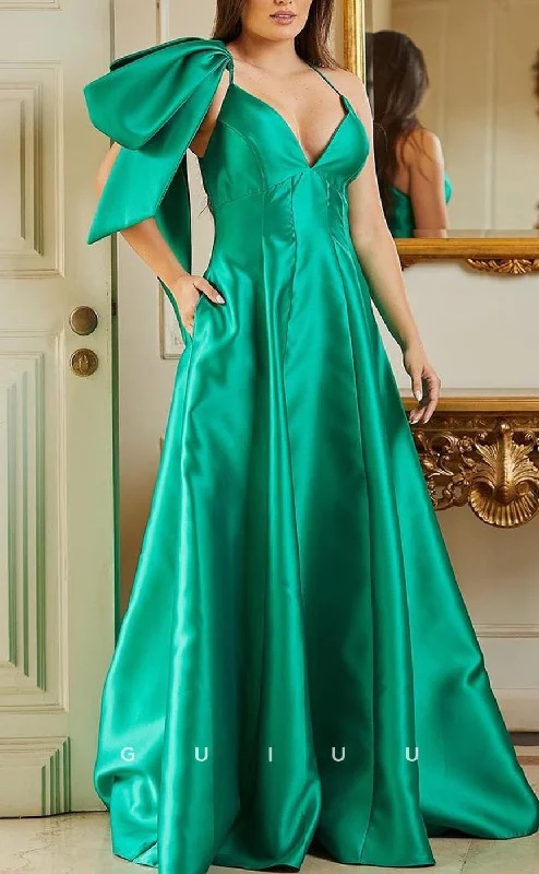 G3692 - Classic & Timeless A-Line V-Neck Draped Long Formal Party Gown Prom Dress with Bowknot