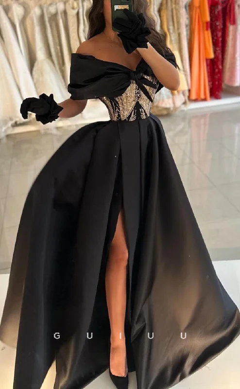 G3714 - Classic & Timeless A-Line Off Shoulder Beaded Long Party Gown Prom Dress with Gloves and Side Slit