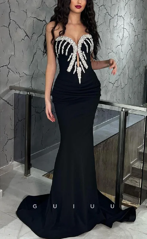 G3735 - Chic & Modern Sheath Sweetheart Draped and Beaded Floor-Length Formal Party Gown Prom Dress