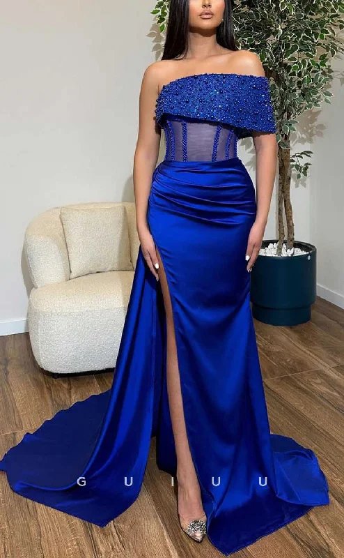 G4104 - Chic & Modern Sheath One Shoulder Corset Illusion Beaded and Sequined Evening Party Prom Dress with High Side Slit and Sweep Train