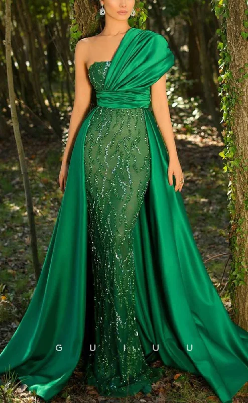 G4132 - Classic & Timeless Sheath One Shoulder Sequined and Beaded evening Party Prom Dress with Pleats and Overlay