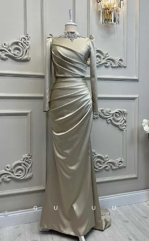 G4200 - Classic & Timeless Sheath High Neck Draped and Beaded Formal Party Prom Dress with Long Sleeves