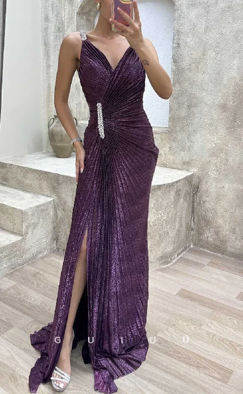 G4245 - Sexy & Hot Sheath V-Neck Ruched and Beaded Party Gown Prom Dress with High Side Slit