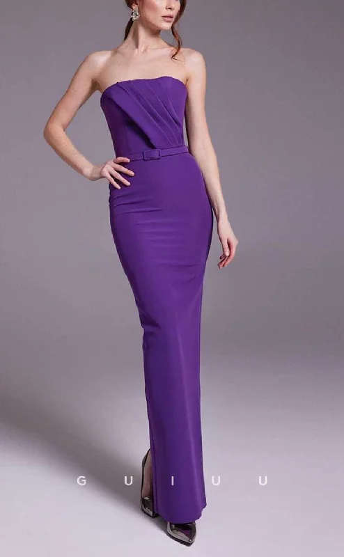 G4360 - Chic & Modern Sheath Strapless Draped Formal Party Gown Prom Dress with Sash and Overlay