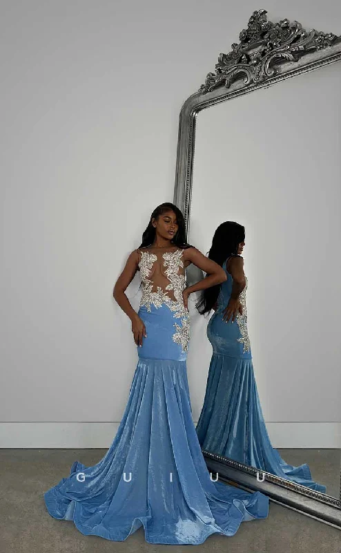 G4422 -Mermaid Sleeveless Illsion Baby Blue Velvet Prom Evening Dress with Train for Black Girl Slay