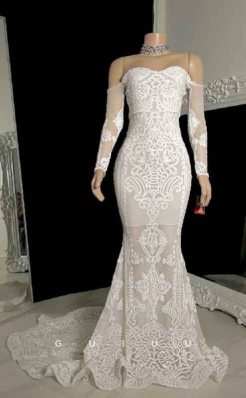 G4558 -  Elegant Mermaid Off-Shoulder Strapless Lace Back Zipper Prom Evening Gown with Court Train