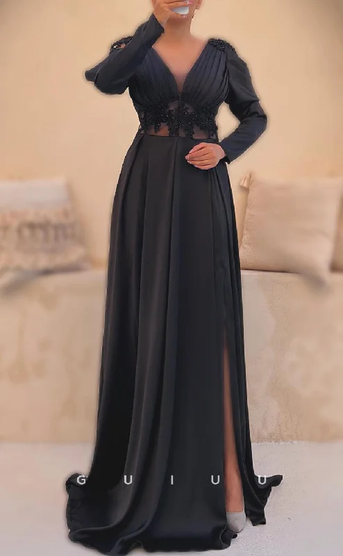 G4710 - A-Line V Neck Long Sleeves Beaded Formal Evening Dress with Slit