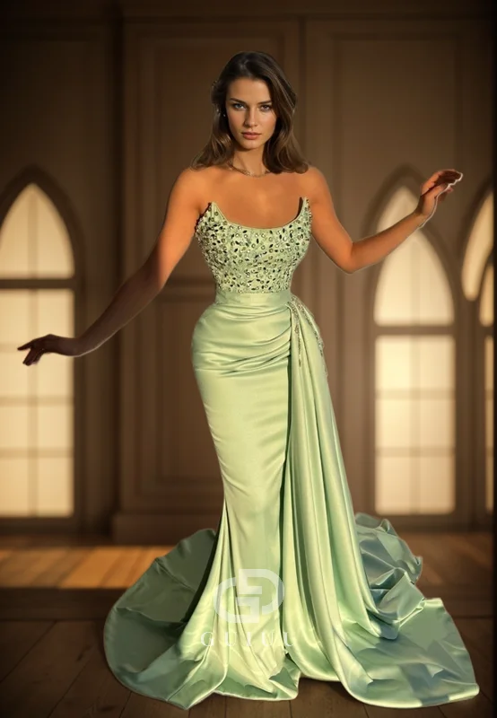 G4726 -  Sheath Boat Neck Sleeveless Pleated Beaded Long Satin Prom Dress with Train