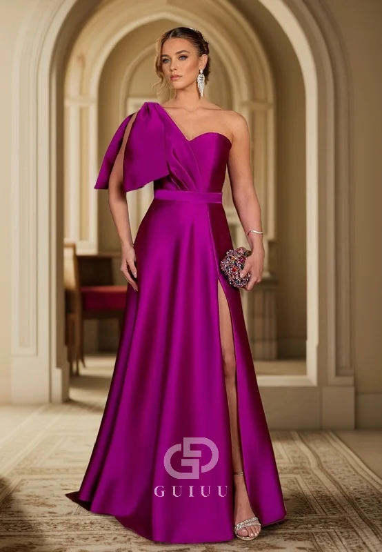 G4732 - A-Line One Shoulder Sleeveless Pleated Satin Long Prom Dress with Bow Knot and Slit