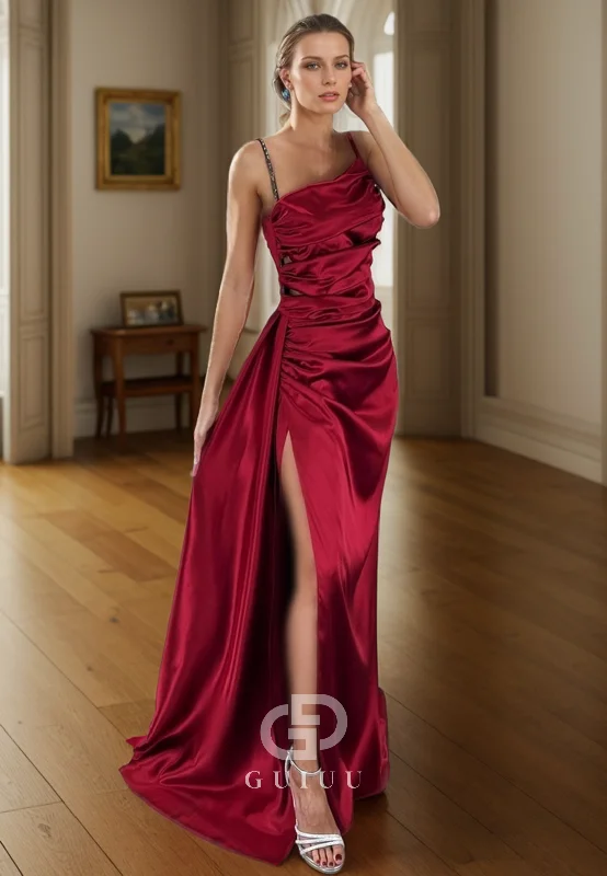 G4735 -  Sheath Strapless Straps Sleeveless Pleated Long Satin Prom Dress with Slit