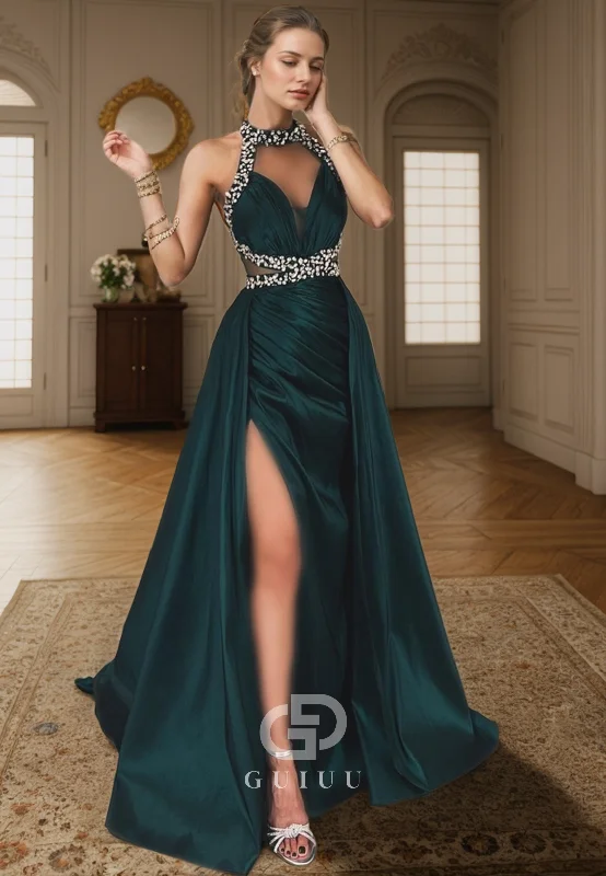 G4739 -  Sheath High Neck Sleeveless Illsion Pleated Back Zipper Crystal Satin Lone Prom Dress