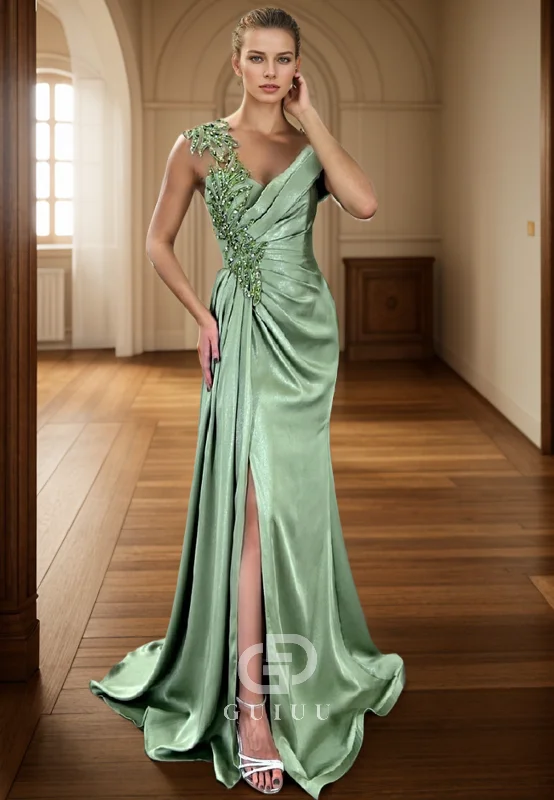 G4740 -  Sheath One Shoulder V Neck Sleeveless Pleated Appliques Beaded Back Zipper Long Prom Dress with Slit