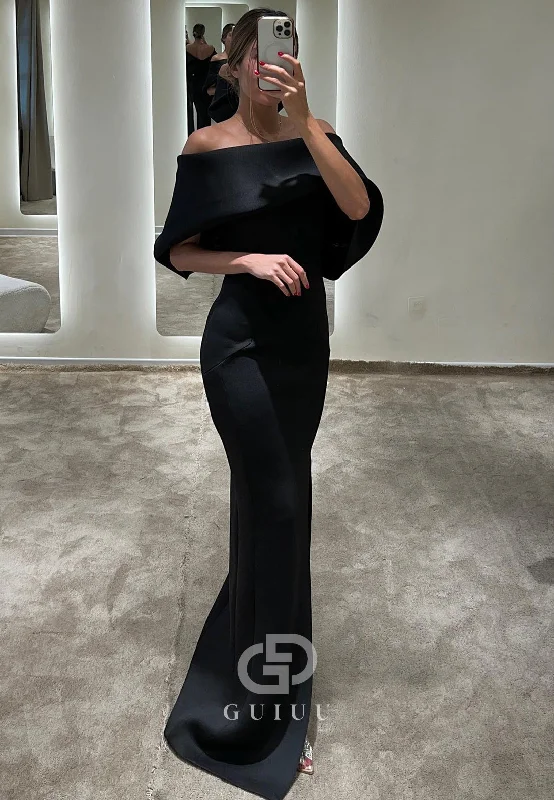 G4742 - Sheath Off Shoulder Half Sleeves Back Zipper Long Prom Dress with Slit