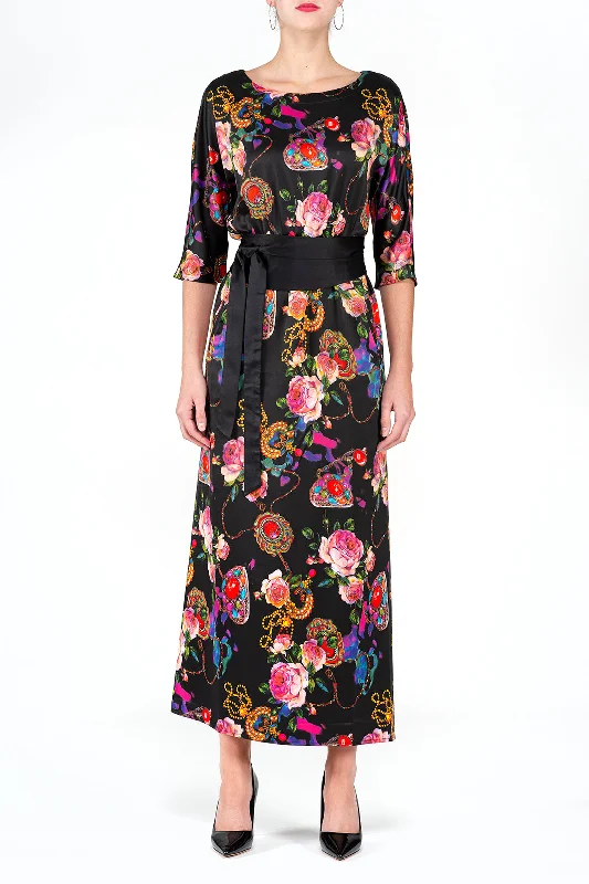 SCANDINAVIA-Half Sleeve Belted Floral Maxi Dress