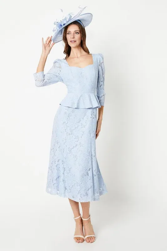 Light Blue Lace Belted Midi Dress 3/4 Length Sleeve Mother of the Bride Dresse Wedding Guest Dresses