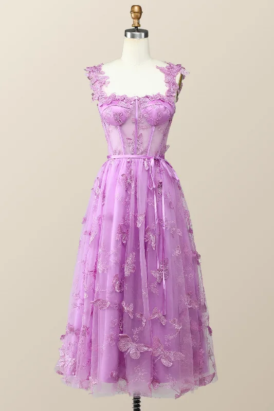 Lilac Butterfly Tulle A-line Midi Homecoming Dress